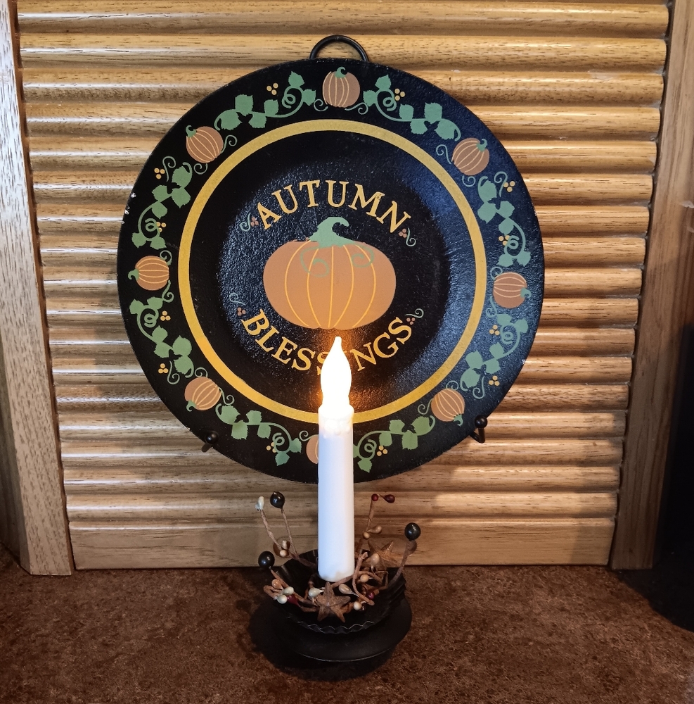 Autumn Blessings Wooden Plate w Black Metal Wall Hanging